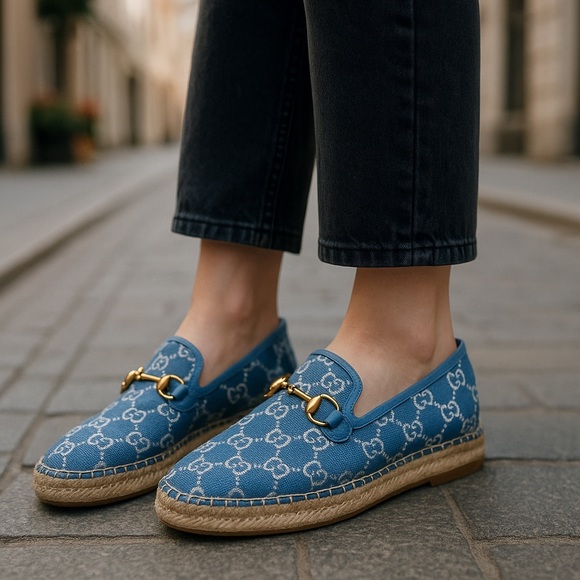 Gucci Blue and Gold Espadrille Flats with Monogram - Picture 6 of 6